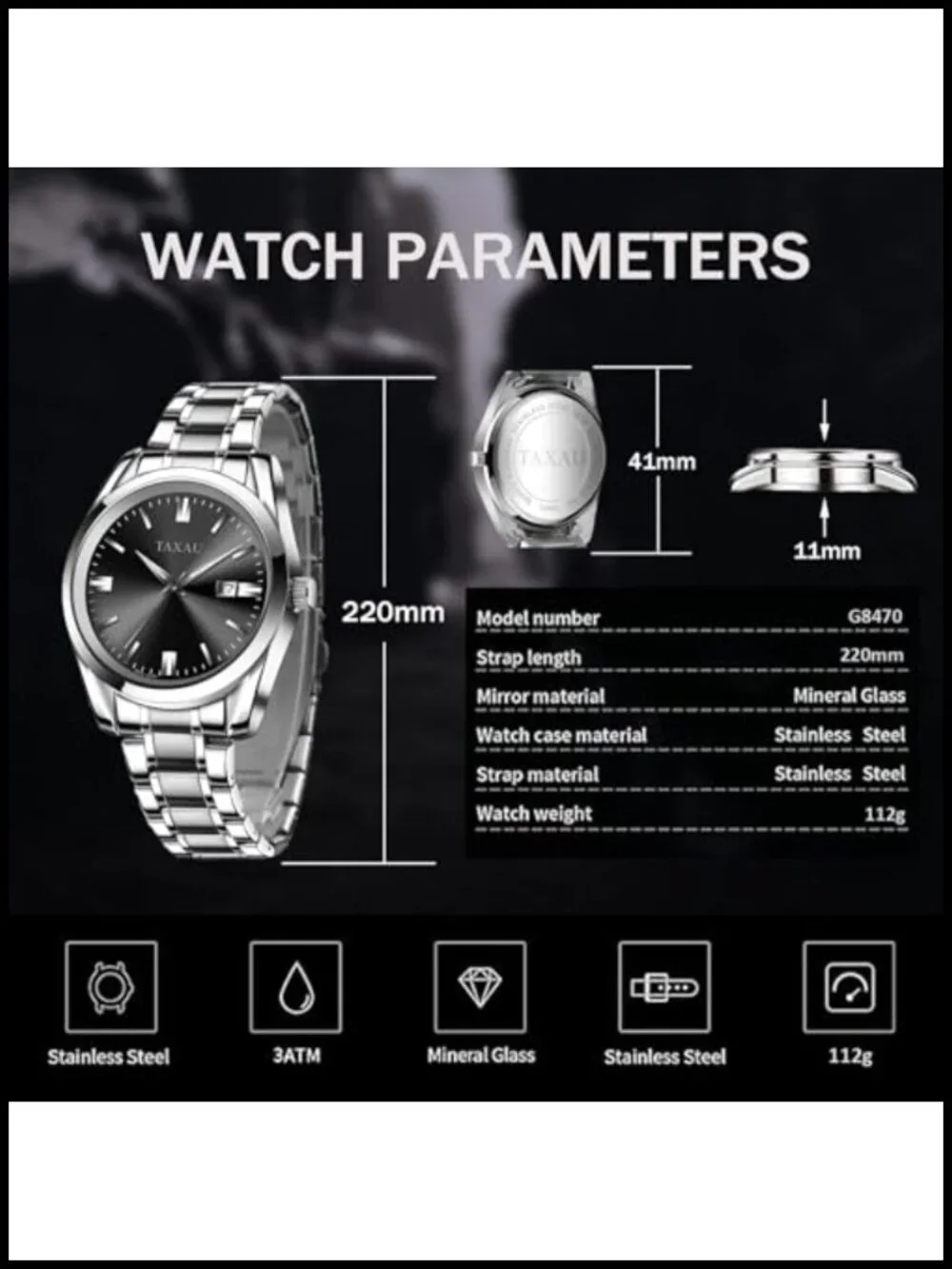 Men's Silver Stainless Steel Analog Watch Waterproof Dress Watch
